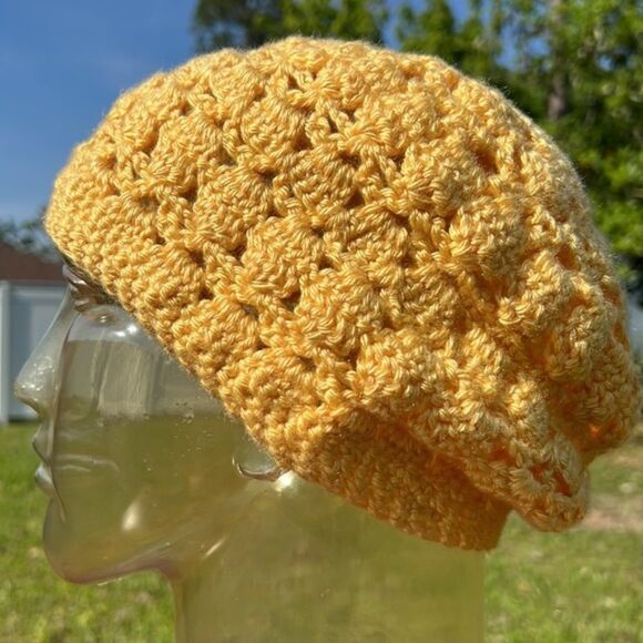 Slouchy Beanie cap hat yellow gold knitted boho cap  handmade - Picture 5 of 6
